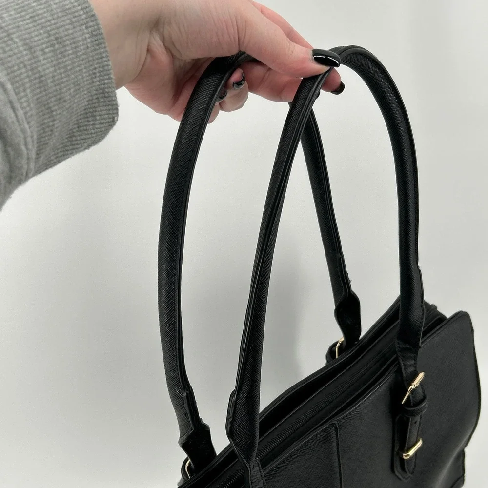 Black Saffiano Faux Leather Laptop Strap Tote Commuter Bag Work Briefcase Travel